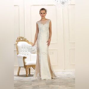 New - Embroidered Evening Dress May Queen RQ7626. Size 6. Ivory/Nude
